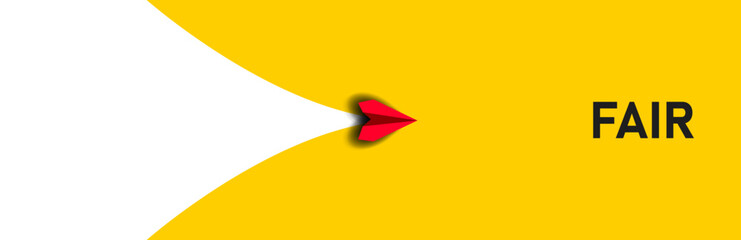 Red plane is flying towards the text Fair. Personal development and career development idea concept.