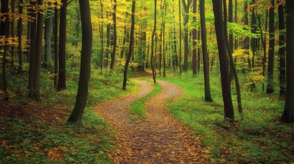Fototapeta premium A serene forest landscape with autumn foliage and a winding trail, Nature exploration theme, Tranquil style