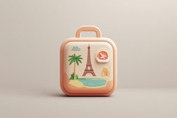 This colorful suitcase features stickers of iconic landmarks and palm trees, evoking a sense of wanderlust and global adventures. Generative AI