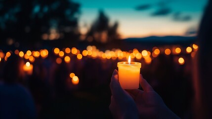 people hold candles on the street in the evening