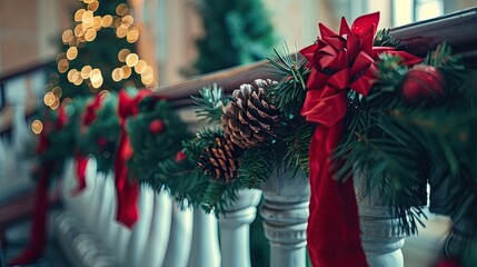 A festive Christmas garland made of evergreen branches, red ribbons, and pinecones, draped along a staircase railing