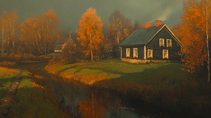 Fog-covered autumn village with red and orange trees, creating a peaceful and mysterious seasonal atmosphere for nature and landscape photography.