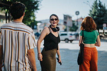 Obraz premium A group of friends strolling through a sunny city street, enjoying a casual summer day together. The image captures youthful energy and friendship in an urban setting.