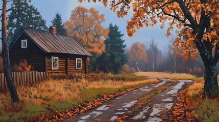 Fototapeta premium Fog-covered autumn village with red and orange trees, creating a peaceful and mysterious seasonal atmosphere for nature and landscape photography.