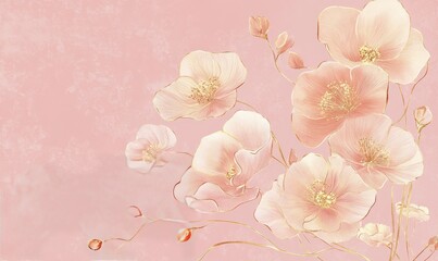 Delicate gold floral line art gracefully adorning soft pastel pink, creating an elegant and calming background perfect for any occasion