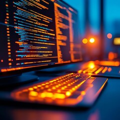 AI-driven code generation, futuristic developer station, glowing holographic interface