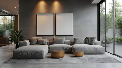  Blank white poster mockup in a modern living room with minimalist decor and clean lines. 3d rendering