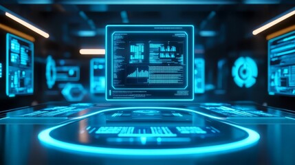 Obraz premium Algorithm creation lab, floating data panels, futuristic tech station, glowing blue neon