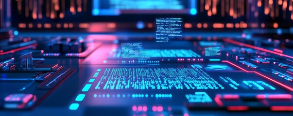 Algorithm development tools, floating code fragments, modern tech setup, blue neon light