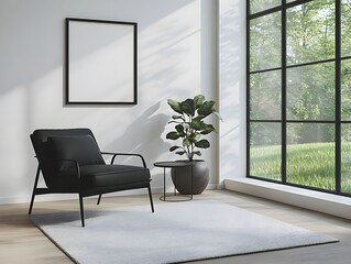 Fototapeta premium Blank white poster mockup in a modern living room with minimalist decor and clean lines. 3d rendering