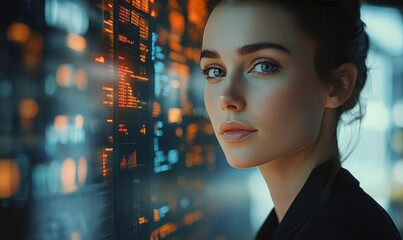 Cyber security and data protection. Businesswoman using modern screen computer protecting business and financial data
