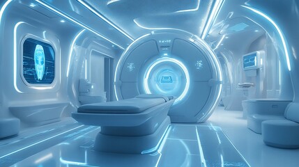 Futuristic medical room with a CT scanner and blue lighting.