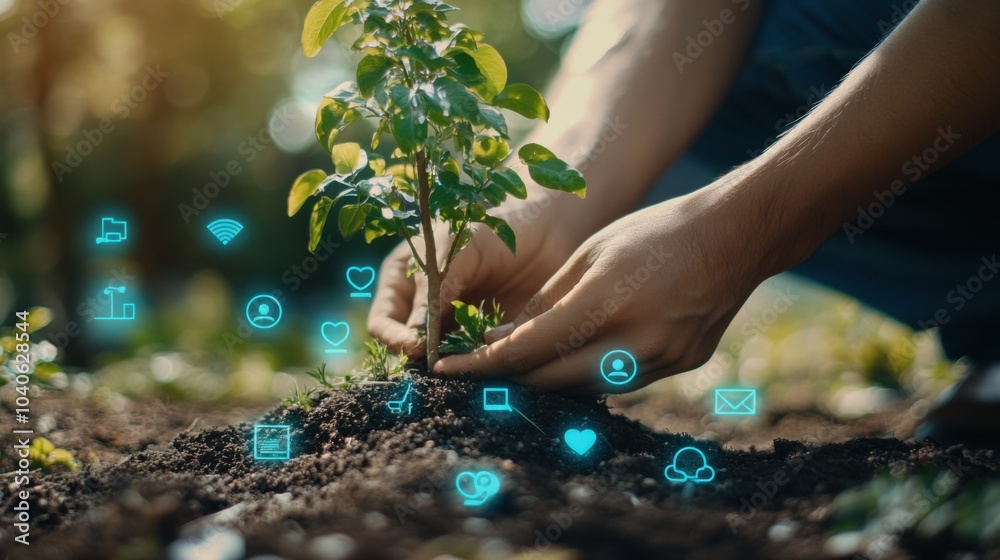 Poster a serene image of a person planting a tree in a garden filled with floating social media icons, repr