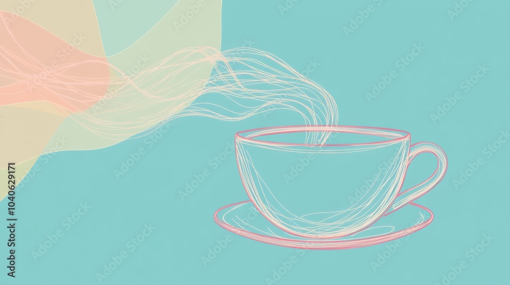 Poster A continuous line forms a stylized tea cup with gentle steam rising above, set against a soothing color background, embracing warmth and simplicity. Generative AI