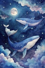 Moonlight and Stars: An abstract story with whales in a fairytale night sky for kids.
