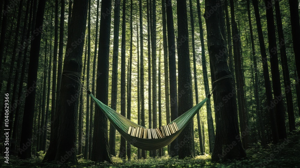 Poster A serene image of a person relaxing in a hammock made of books, suspended between two towering trees, symbolizing the balance of leisure and knowledge in modern life