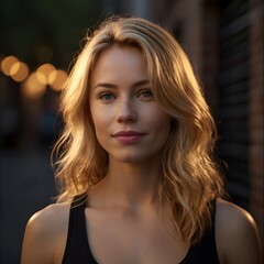 Fototapeta premium Woman with long, wavy blonde hair in a black top, standing outdoors with a blurred city background at night. The soft glow of lights creates a warm and relaxed atmosphere.