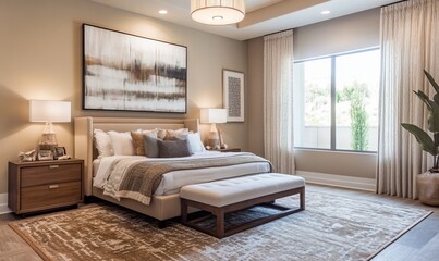 A serene bedroom featuring modern designer furniture, natural textures, and warm beige walls.