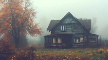 Misty autumn morning in a rural village, with vibrant fall trees and fog covering the houses, ideal for tranquil countryside visuals.