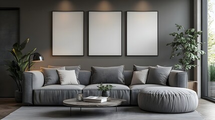 Fototapeta premium Blank white poster mockup in a modern living room with minimalist decor and clean lines. 3d rendering