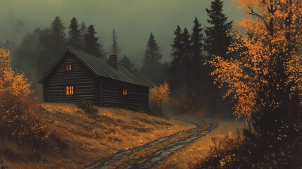 Foggy autumn village with colorful fall trees and misty houses, creating a peaceful and serene seasonal landscape perfect for nature visuals.