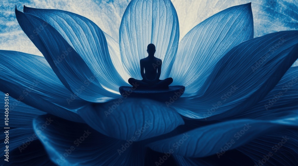 Poster a serene image of a person sitting inside a giant lotus flower, with petals representing different f
