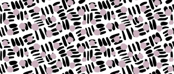 Seamless abstract textured pattern. Simple background with black lines, pink dots on white. Digital brush strokes.  Design for textile fabrics, wrapping paper, background, wallpaper, cover.