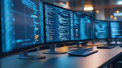 Fototapeta premium Futuristic software development, interactive holographic screens, sleek design