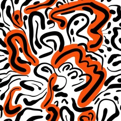 Seamless abstract geometric pattern. Background in black, orange white. Illustration. Lines, meanders. Design for textile fabrics, wrapping paper, background, wallpaper, cover.