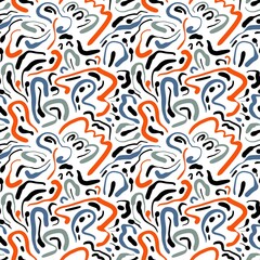 Seamless abstract geometric pattern. Background in black, blue, green, orange, white. Illustration. Lines, meanders. Design for textile fabrics, wrapping paper, background, wallpaper, cover.
