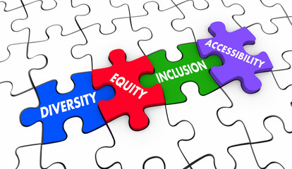 DEIA Diversity Equity Inclusion Accessibility Puzzle Pieces Solution 3d Illustration
