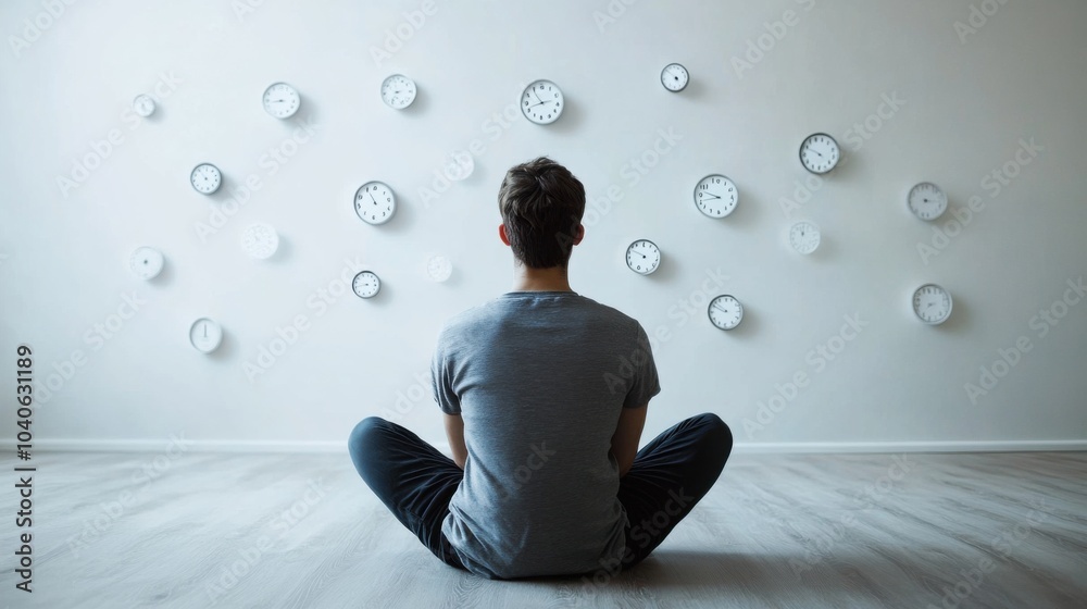 Poster A serene image of a person surrounded by floating clock faces and digital notifications, symbolizing the challenge of managing time amidst constant alerts, Quiet room