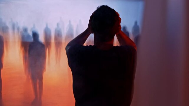Silhouetted Man Facing Ethereal Crowd In Mysterious Orange Blue Atmosphere Mental Health Solitude Isolation