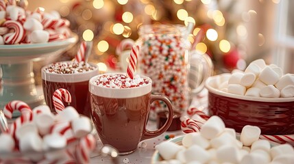 A festive hot chocolate station with mugs, marshmallows, candy canes, and a variety of toppings