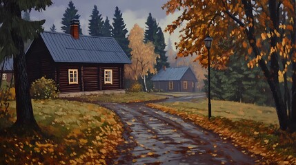 Fototapeta premium Foggy autumn village with colorful fall trees and misty houses, creating a peaceful and serene seasonal landscape perfect for nature visuals.