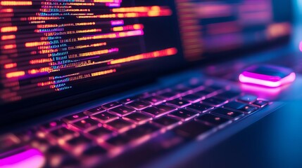 Obraz premium Holographic debugging tools, floating neon code, high-tech workspace