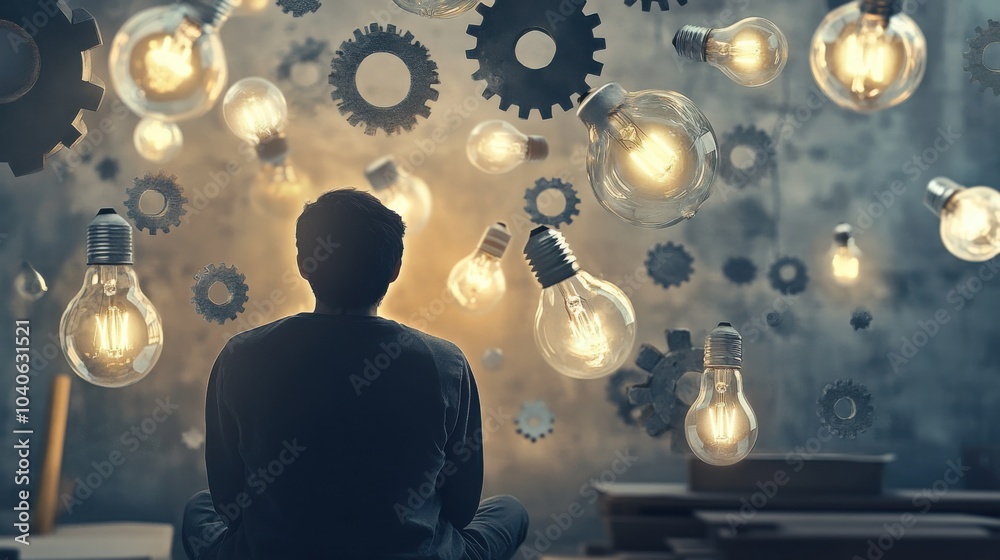 Poster A serene image of a person surrounded by floating gears and light bulbs, symbolizing the integration of mechanical and creative thinking in modern problem-solving, Workshop setting