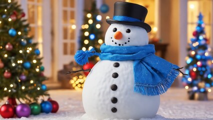 Charming snowman adorned with a blue scarf and hat in a festive winter wonderland setting