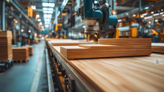 Efficient furniture production in modern factory showcasing robotic machinery and wooden panels. scene captures essence of industrial craftsmanship and innovation