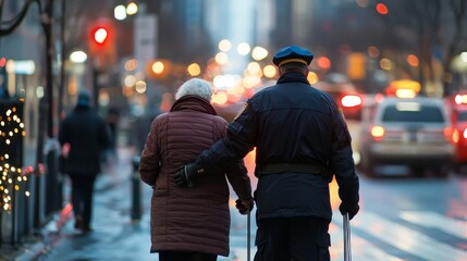 Police officer helping an elderly person cross a busy street safely