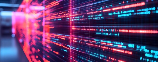 Naklejka premium Interactive coding holograms, advanced algorithms, modern office, glowing data streams