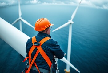 Technician in safety harness repairing offshore wind turbine at sea