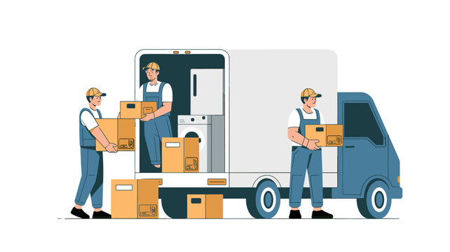 movers loading boxes into truck, flat style clip art preview