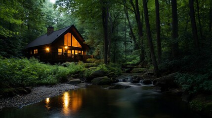A cozy cabin nestled in the woods with a stream flowing in front of it.