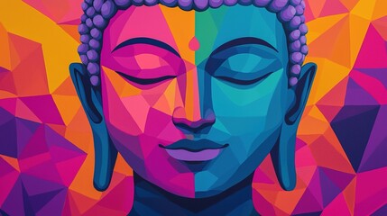 A vibrant, geometric representation of a Buddha face, showcasing blue and purple hues, symbolizing peace, enlightenment, and harmony.