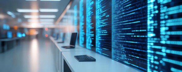 Quantum computing algorithms, holographic visualization, sleek modern office