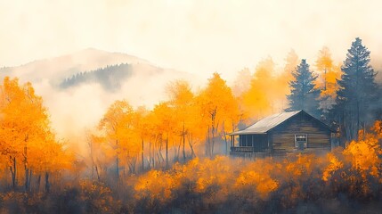 Foggy autumn village with colorful fall trees and misty houses, creating a peaceful and serene seasonal landscape perfect for nature visuals.