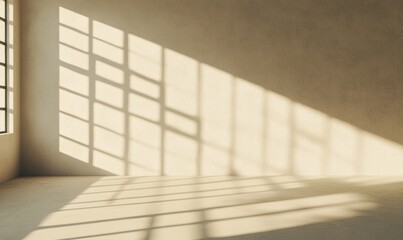 Obraz premium Abstract beige studio wall background for product presentation. Geometrical shadows on wall for modern minimalist mockup backdrop. Empty room with a light on the wall from the window