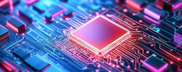 Quantum computing software development, neon circuits, sleek digital workspace