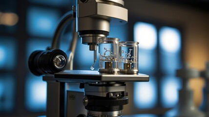 Fototapeta premium A close-up of the sophisticated microscope, showing its intricate design and precision engineering. The silver body of the microscope is adorned with dials, knobs, and lenses.